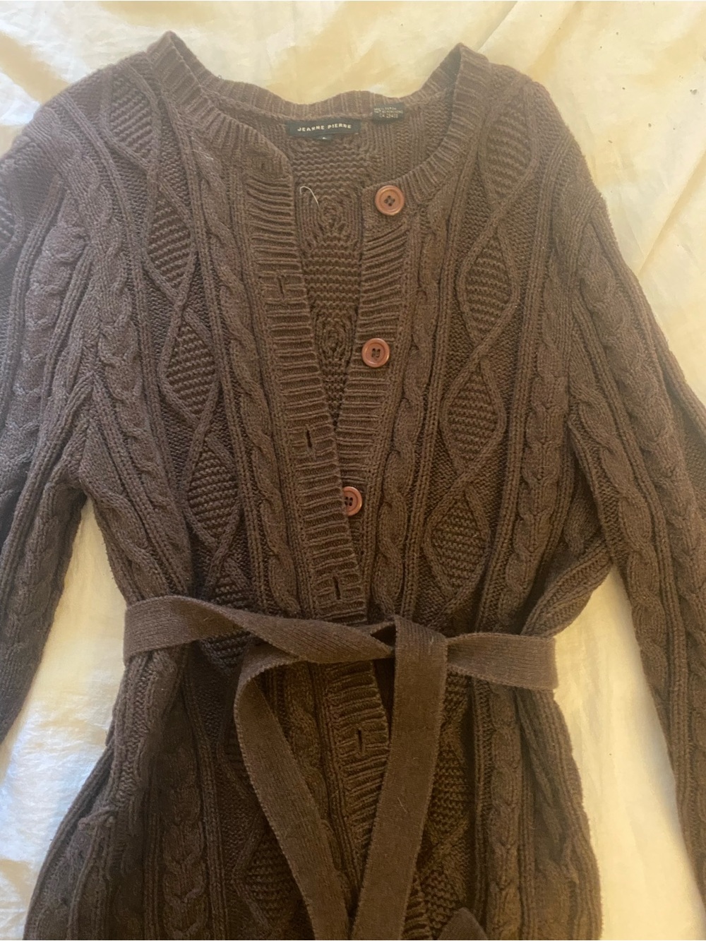 JEANNE PIERRE Chocolate Brown Cable-Knit Belted Cardigan
